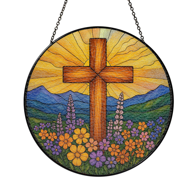Vibrant Stained Glass Cross Suncatcher - Sunburst & Floral Design For Home Décor - Image 3