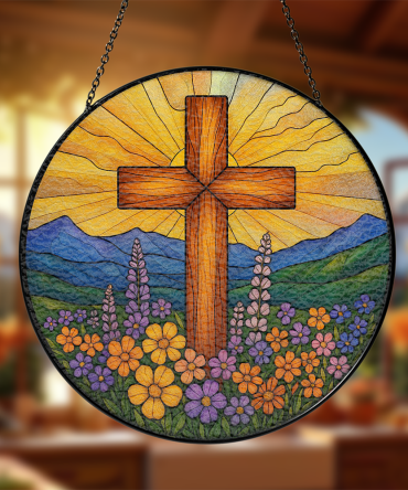Vibrant Stained Glass Cross Suncatcher - Sunburst & Floral Design For Home Décor