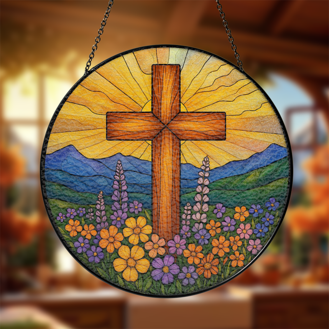Vibrant Stained Glass Cross Suncatcher - Sunburst & Floral Design For Home Décor