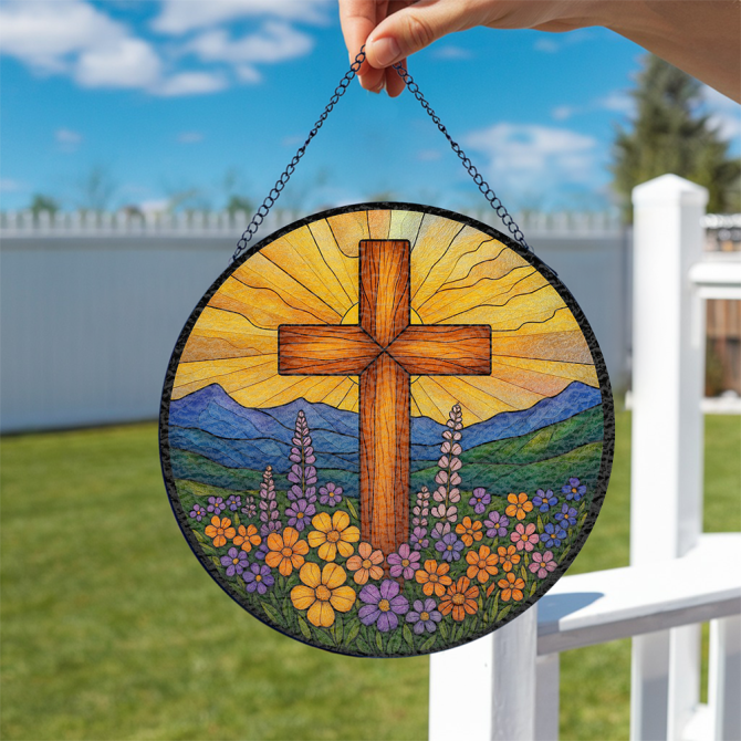 Vibrant Stained Glass Cross Suncatcher - Sunburst & Floral Design For Home Décor - Image 2