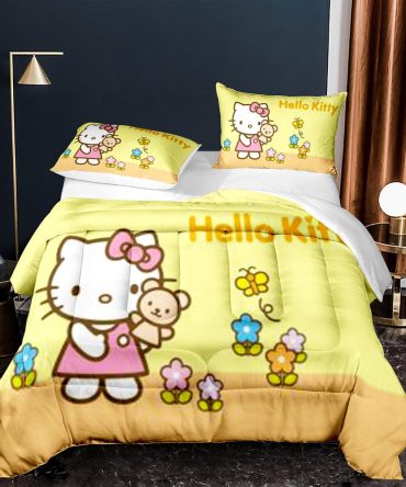 Cozy Hello Kitty Bedding Set - Cute Yellow Cartoon Comforter & Pillowcases For Kids
