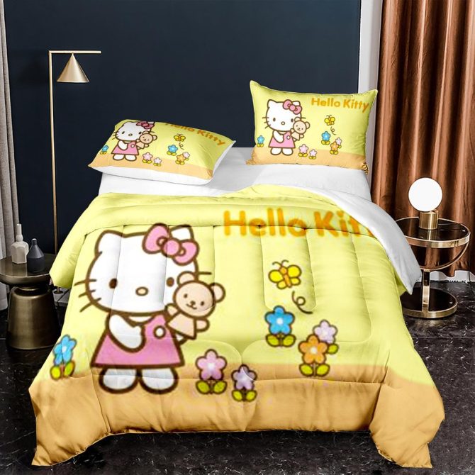 Cozy Hello Kitty Bedding Set - Cute Yellow Cartoon Comforter & Pillowcases For Kids