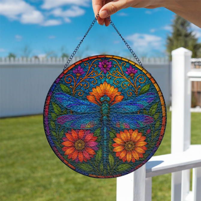 Vibrant Dragonfly Stained Glass Suncatcher With Floral Design - 12 Hanging Window Decor - Image 2