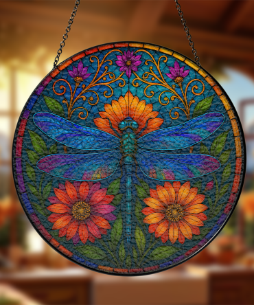 Vibrant Dragonfly Stained Glass Suncatcher With Floral Design - 12 Hanging Window Decor