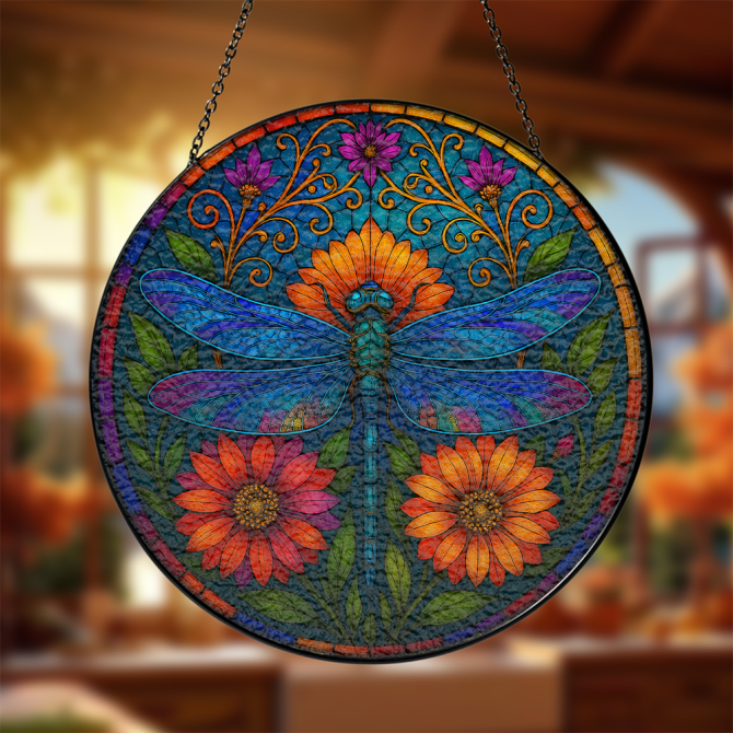 Vibrant Dragonfly Stained Glass Suncatcher With Floral Design - 12 Hanging Window Decor