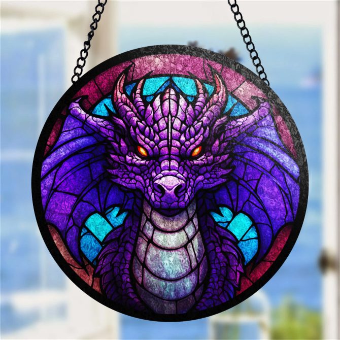Vibrant Dragon Stained Glass Window Hanging - Fantasy Home Decor Art Ornament