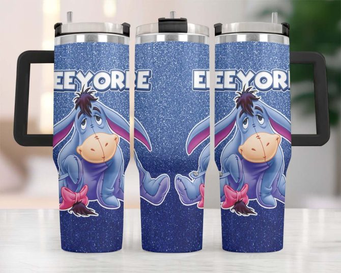 Disney Eeyore Stainless Steel Travel Mug - Cute Blue Glitter Design, 20Oz Tumbler With Handle