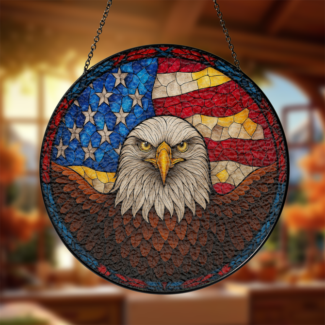 Patriotic Eagle Stained Glass Window Panel - American Flag Decor For Home & Garden