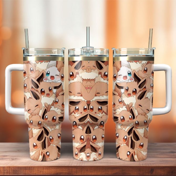 Adorable Eevee-Themed Insulated Tumbler With Handle & Straw – Perfect For Coffee, Tea & More