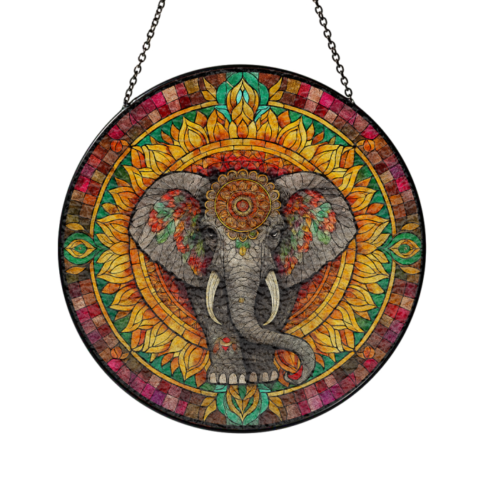 Vibrant Elephant Mandala Stained Glass Suncatcher - Colorful Home Decor Art Piece - Image 3