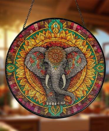 Vibrant Elephant Mandala Stained Glass Suncatcher - Colorful Home Decor Art Piece