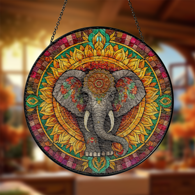 Vibrant Elephant Mandala Stained Glass Suncatcher - Colorful Home Decor Art Piece
