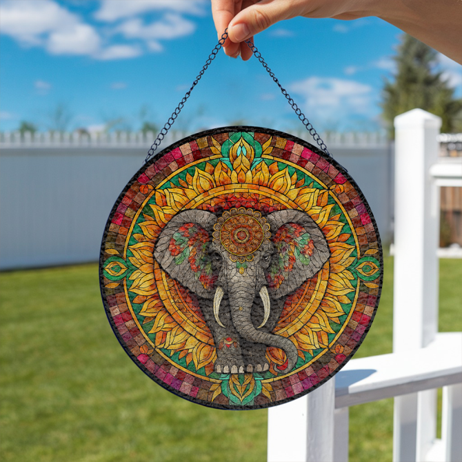 Vibrant Elephant Mandala Stained Glass Suncatcher - Colorful Home Decor Art Piece - Image 2