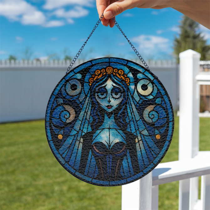 Enchanting Gothic Stained Glass Art - Blue Bride Hanging Decor For Home & Gifts - Image 2