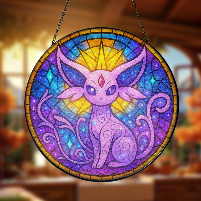 Enchanting Purple Cat Stained Glass Sun Catcher - Mystical Window Decor Art
