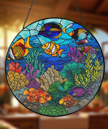 Vibrant Ocean Fish Stained Glass Window Hanging - Handcrafted Art Decor For Home & Garden