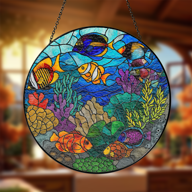 Vibrant Ocean Fish Stained Glass Window Hanging - Handcrafted Art Decor For Home & Garden