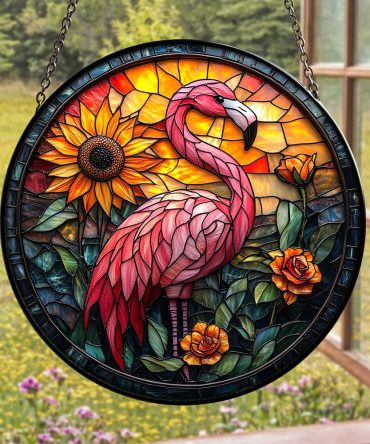 Vibrant Flamingo Stained Glass Suncatcher With Sunflower & Roses - Window Hanging Decor