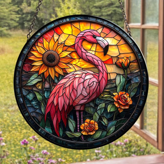 Vibrant Flamingo Stained Glass Suncatcher With Sunflower & Roses - Window Hanging Decor