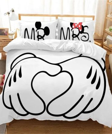 Romantic Couples Bedding Set - Mickey & Minnie Inspired Heart Hands Duvet Cover - King/Queen Size