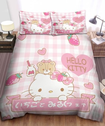 Cute Hello Kitty Strawberry Bedding Set - Soft Pink Checkered Design For Kids