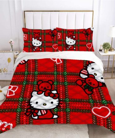 Cozy Red Plaid Hello Kitty Bedding Set – Cute Cartoon Comfort For Kids & Teens Bedroom