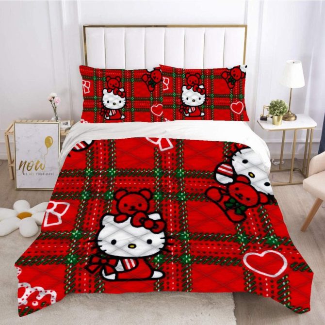 Cozy Red Plaid Hello Kitty Bedding Set – Cute Cartoon Comfort For Kids & Teens Bedroom