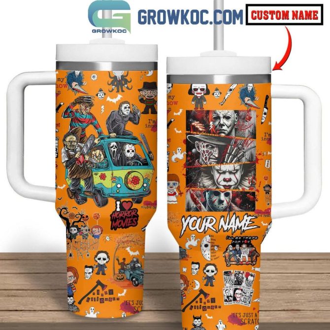 Custom Name Horror Movie Tumbler – Personalized Halloween Travel Mug With Iconic Characters