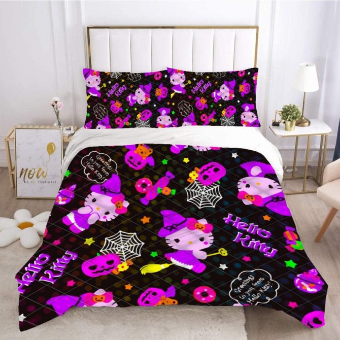 Cozy Halloween Cat Themed Bedding Set With Cute Witch Pattern – Perfect For Kids' Rooms!