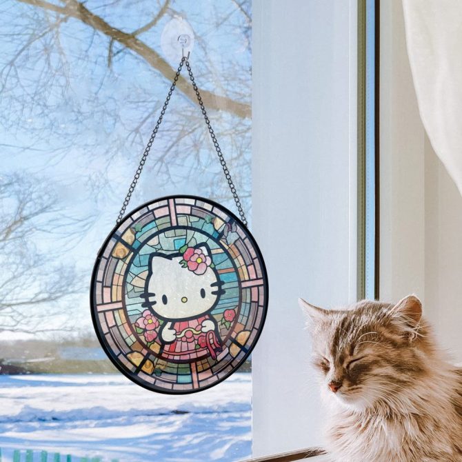 Charming Kitty Stained Glass Window Hanging - Cute Floral Design Sun Catcher - Image 2