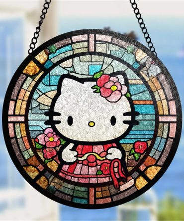 Charming Kitty Stained Glass Window Hanging - Cute Floral Design Sun Catcher