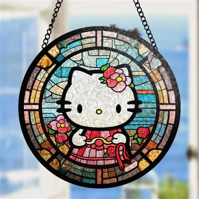 Charming Kitty Stained Glass Window Hanging - Cute Floral Design Sun Catcher