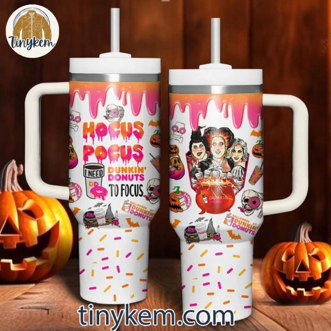 Hocus Pocus Halloween Tumbler Mug - Dunkin' Donuts Themed, 20Oz Insulated Cup With Straw
