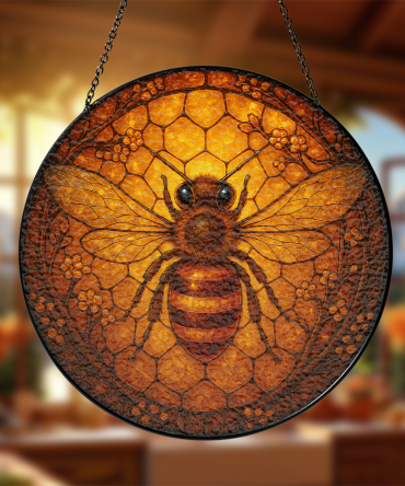 Stunning Bee Stained Glass Suncatcher – Handcrafted Honeycomb Window Art Decor