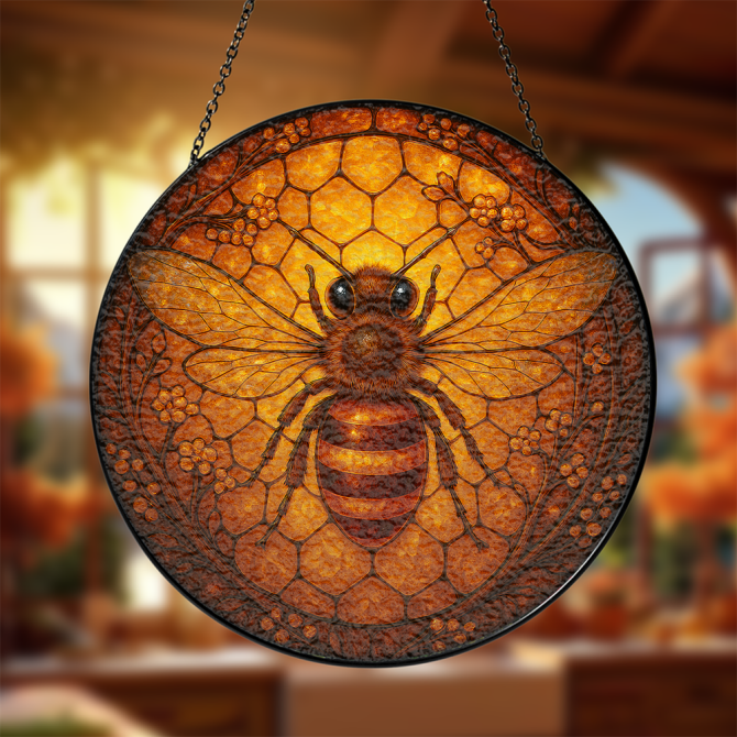 Stunning Bee Stained Glass Suncatcher – Handcrafted Honeycomb Window Art Decor