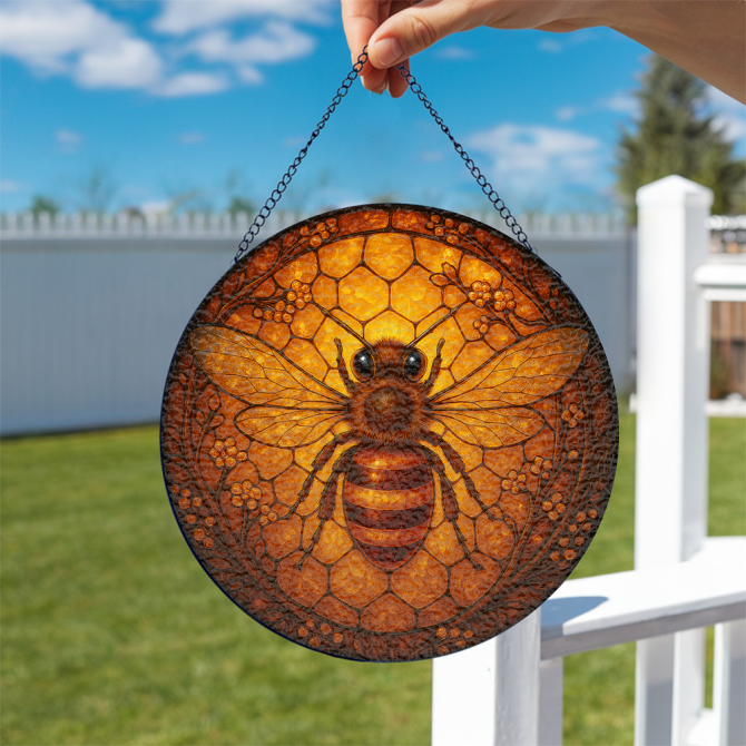 Stunning Bee Stained Glass Suncatcher – Handcrafted Honeycomb Window Art Decor - Image 2