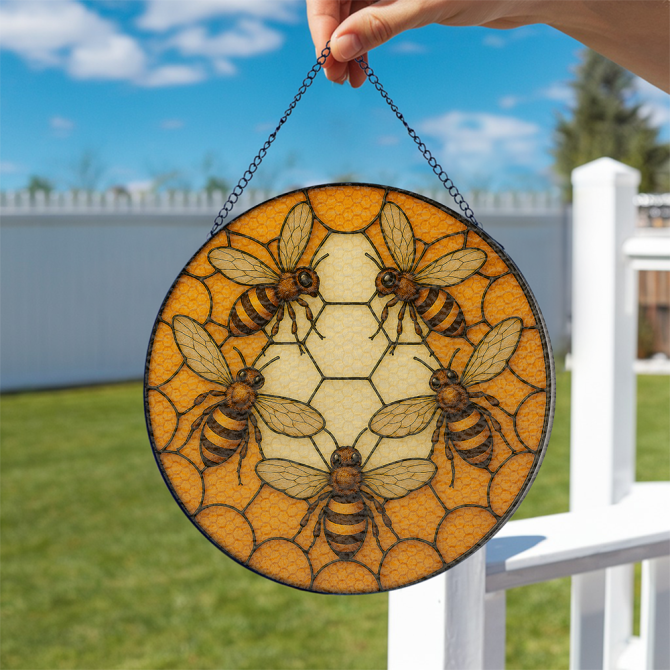 Handcrafted Bee Stained Glass Suncatcher - Vibrant Honeycomb Design For Home Decor - Image 2