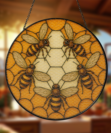 Handcrafted Bee Stained Glass Suncatcher - Vibrant Honeycomb Design For Home Decor