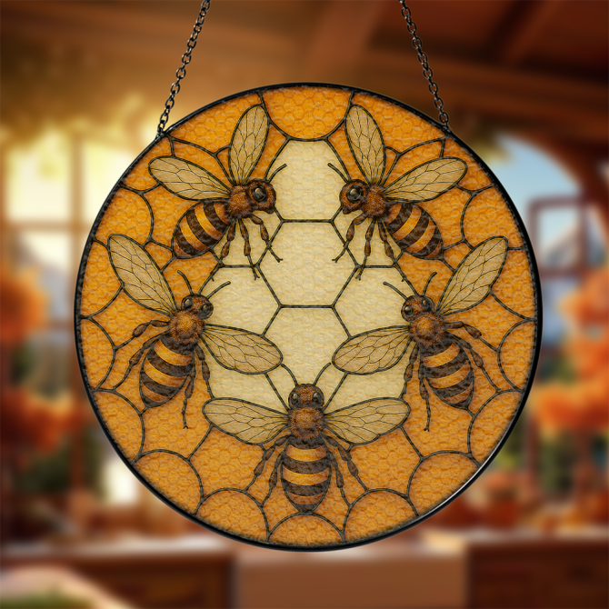 Handcrafted Bee Stained Glass Suncatcher - Vibrant Honeycomb Design For Home Decor