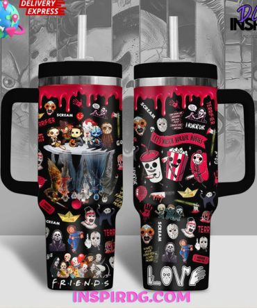 Horror Movie Tumbler With Handle & Straw - Creepy Characters & Quotes - 20Oz Travel Mug
