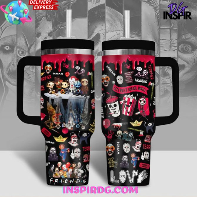 Horror Movie Tumbler With Handle & Straw - Creepy Characters & Quotes - 20Oz Travel Mug