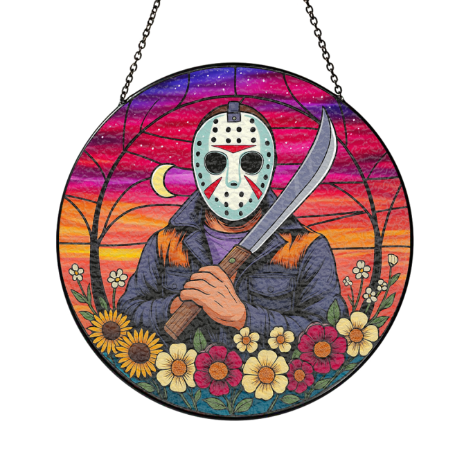 Vibrant Horror-Themed Stained Glass Suncatcher With Masked Figure & Floral Design - Perfect Halloween Decor - Image 3