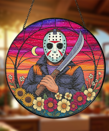 Vibrant Horror-Themed Stained Glass Suncatcher With Masked Figure & Floral Design - Perfect Halloween Decor