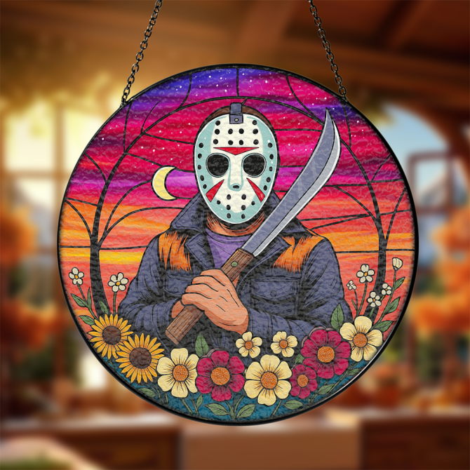 Vibrant Horror-Themed Stained Glass Suncatcher With Masked Figure & Floral Design - Perfect Halloween Decor