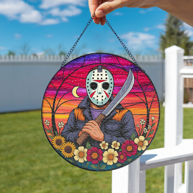Vibrant Horror-Themed Stained Glass Suncatcher With Masked Figure & Floral Design - Perfect Halloween Decor - Image 2