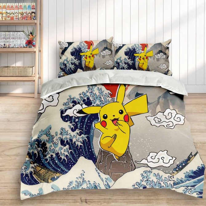 Cozy Pikachu Anime Bedding Set – Wave Design Duvet Cover & Pillowcases For Kids & Fans