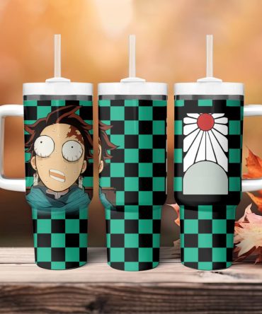 Anime-Inspired Checkered Tumbler With Handle & Straw – Vibrant Design For Fans