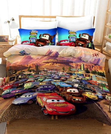 Cozy Kids Cars Movie Bedding Set - Twin/Full Duvet Cover With Pillowcases - Vibrant Cartoon Design