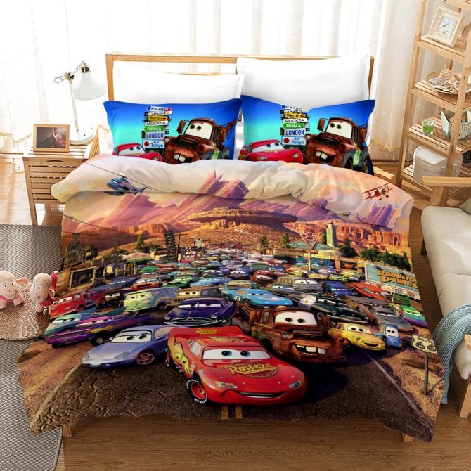 Cozy Kids Cars Movie Bedding Set - Twin/Full Duvet Cover With Pillowcases - Vibrant Cartoon Design