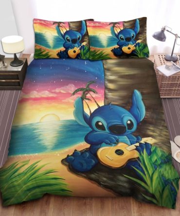Lilo And Stitch Bedding Set Stitch Playing Ukulele On Sunset Bedding Set Covers Colorful Unique Gift